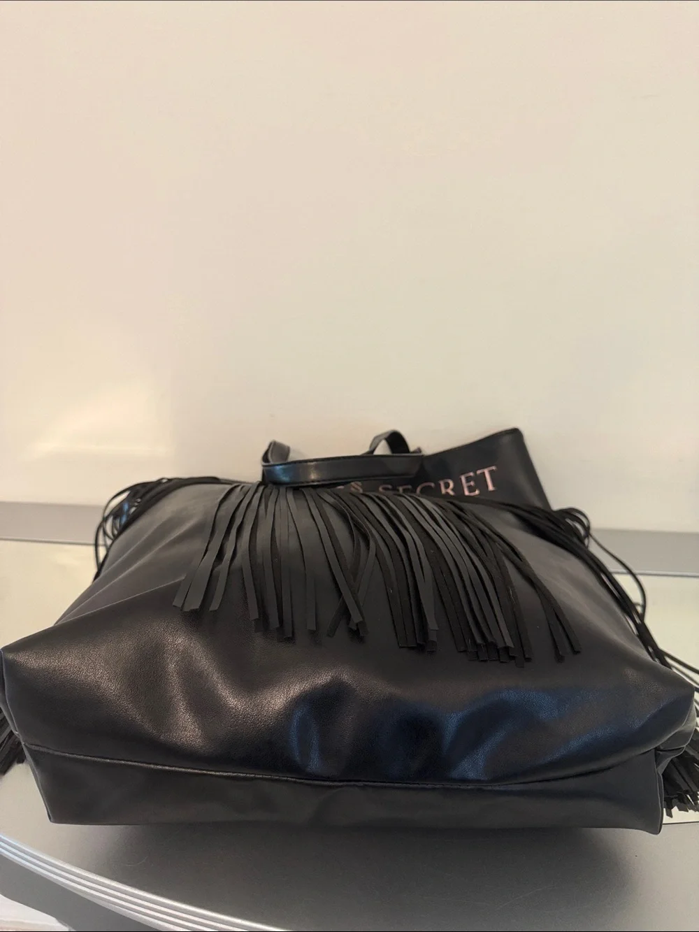 VICTORIA’S SECRET Flirty Fringe Tote Bag Black Faux Leather Limited Edition